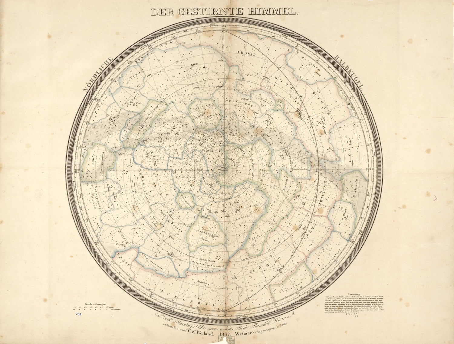 This old map of Der Gestirnte Himmel : Nördliche Halbkugel (Nördliche Halbkugel) from 1837 was created by Thuringia Geographisches Institut (Weimar, C. F. (Carl Ferdinand) Weiland in 1837