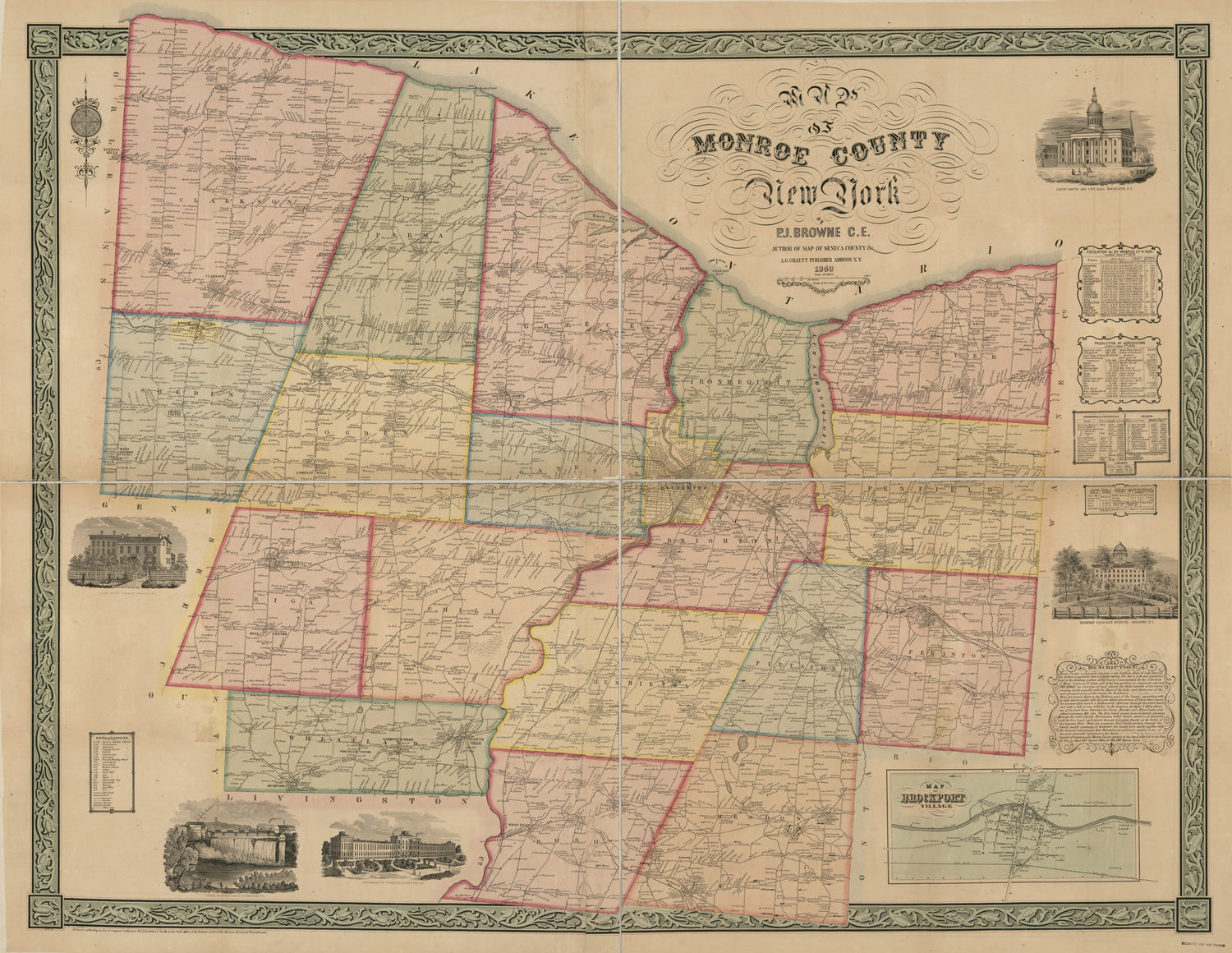 This old map of Map of Monroe County, New York from 1852 was created by P. J. Browne, A. G. Gillet, Robert Pearsall Smith in 1852
