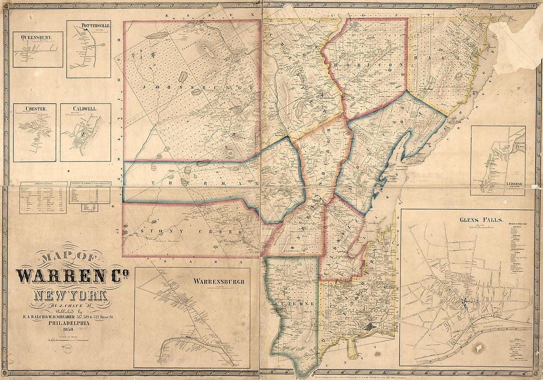 This old map of Map of Warren County, New York from 1858 was created by E. A. Balch, J. Chace, William Otis Shearer, Robert Pearsall Smith in 1858