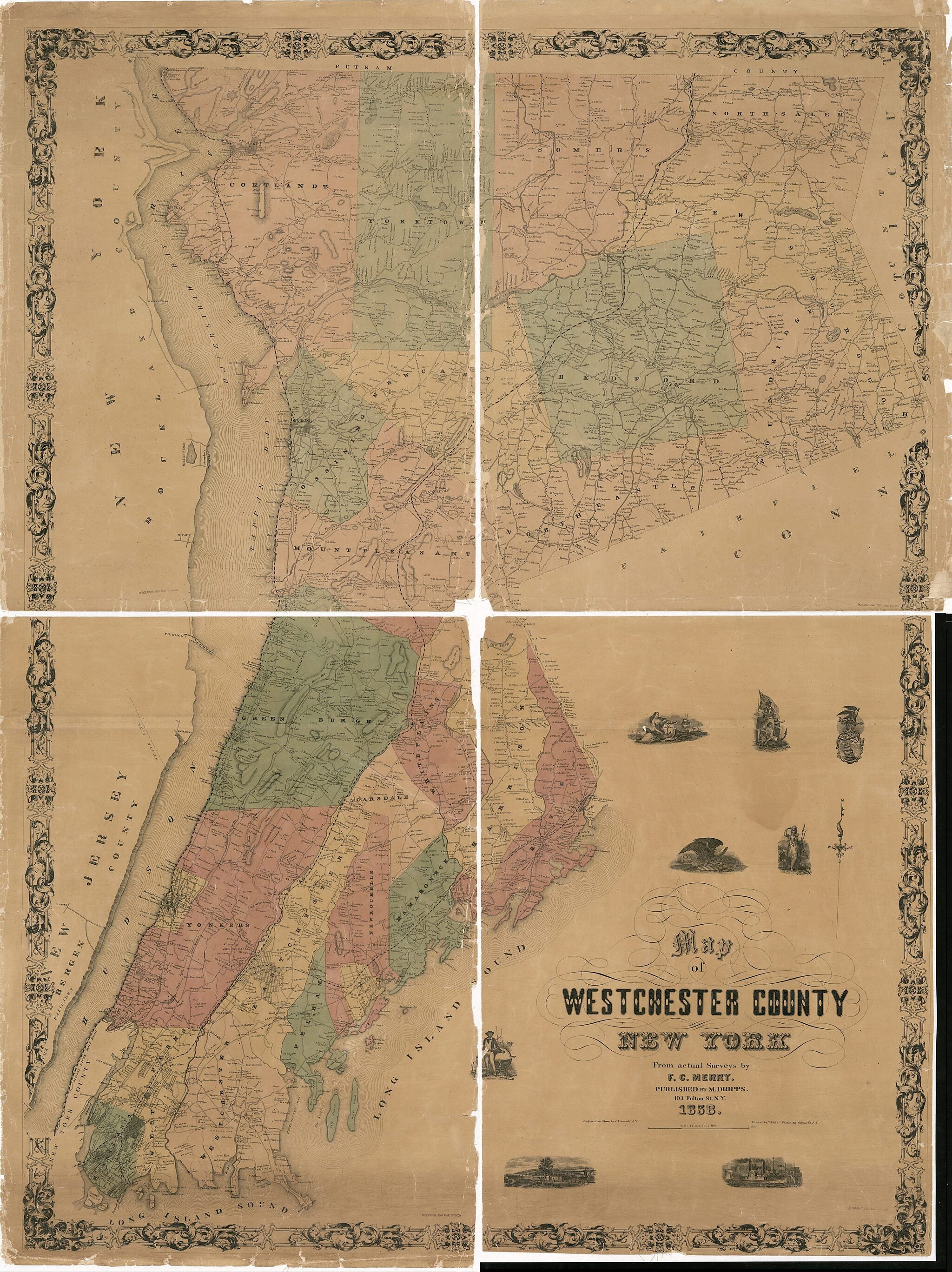 This old map of Map of Westchester County, New York : from Actual Surveys from 1858 was created by M. (Matthew) Dripps, Valentine Keil, Frederick Carles Merry in 1858