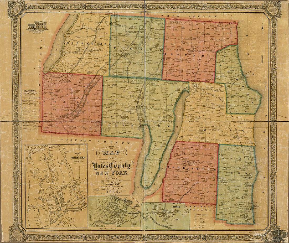 This old map of Map of Yates County, New York from 1855 was created by  Burns &amp; Miller,  L. &amp; S. Denton (Firm),  Lith. Of Richd. H. Pease (Firm) in 1855