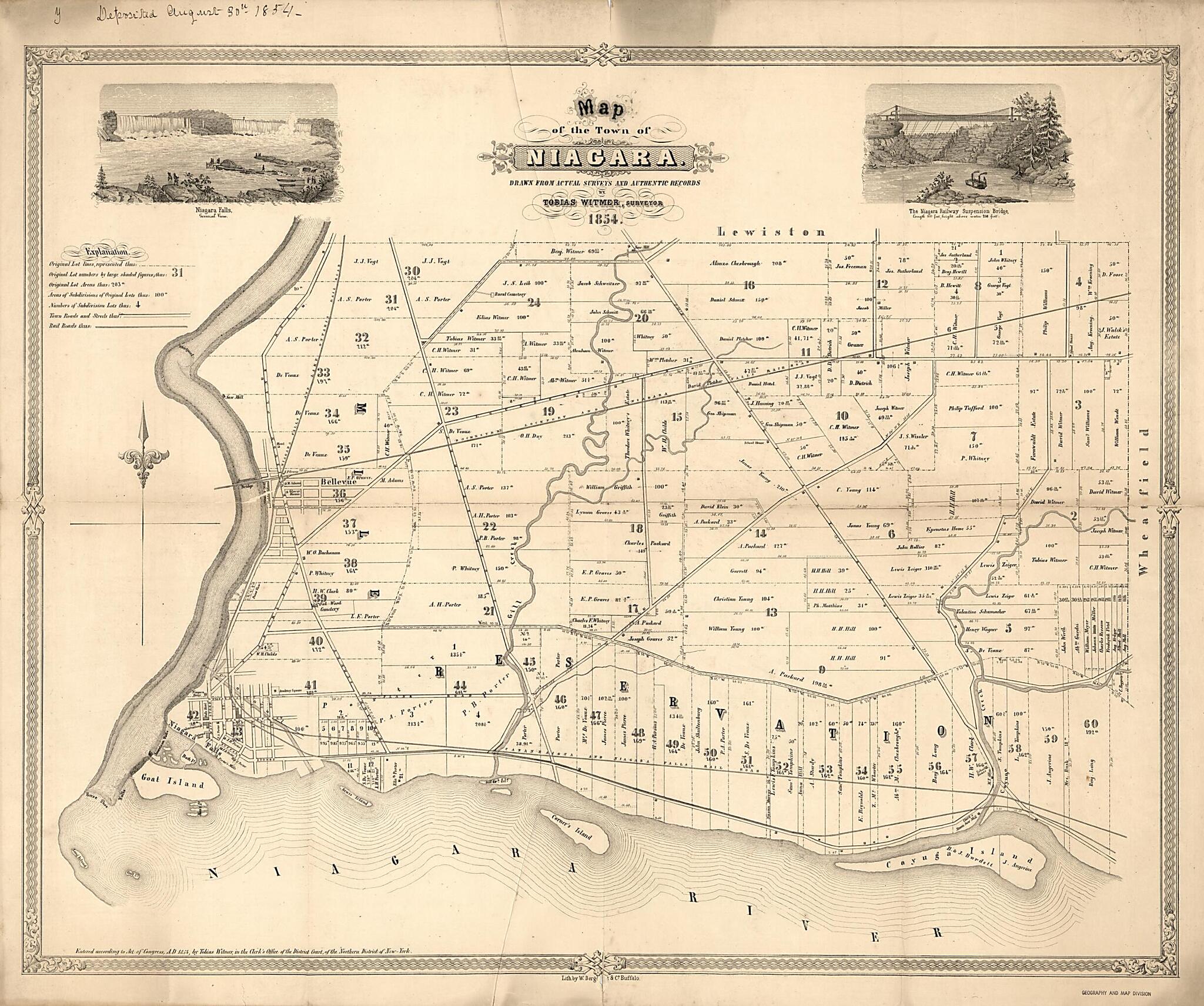 This old map of Map of the Town of Niagara from 1854 was created by  W. Berggoetz &amp; Co, Tobias Witmer in 1854