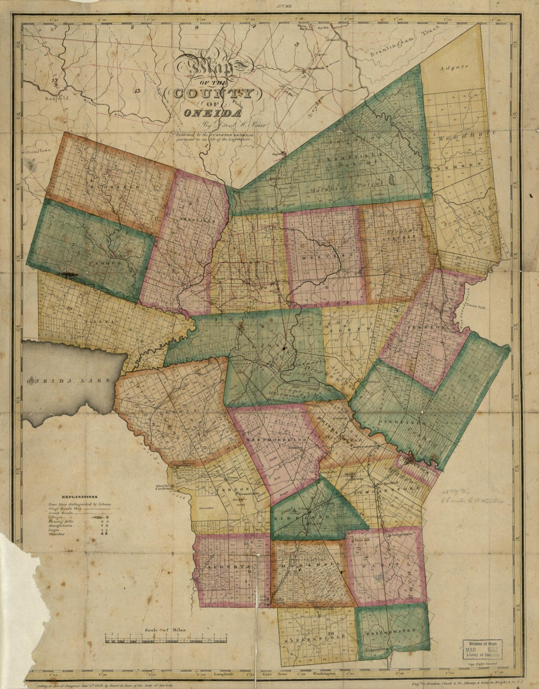 This old map of Map of the County of Oneida from 1829 was created by David H. Burr,  New York (State). Surveyor General, Clark &amp; Co Rawdon, Wright &amp; Co Rawdon in 1829