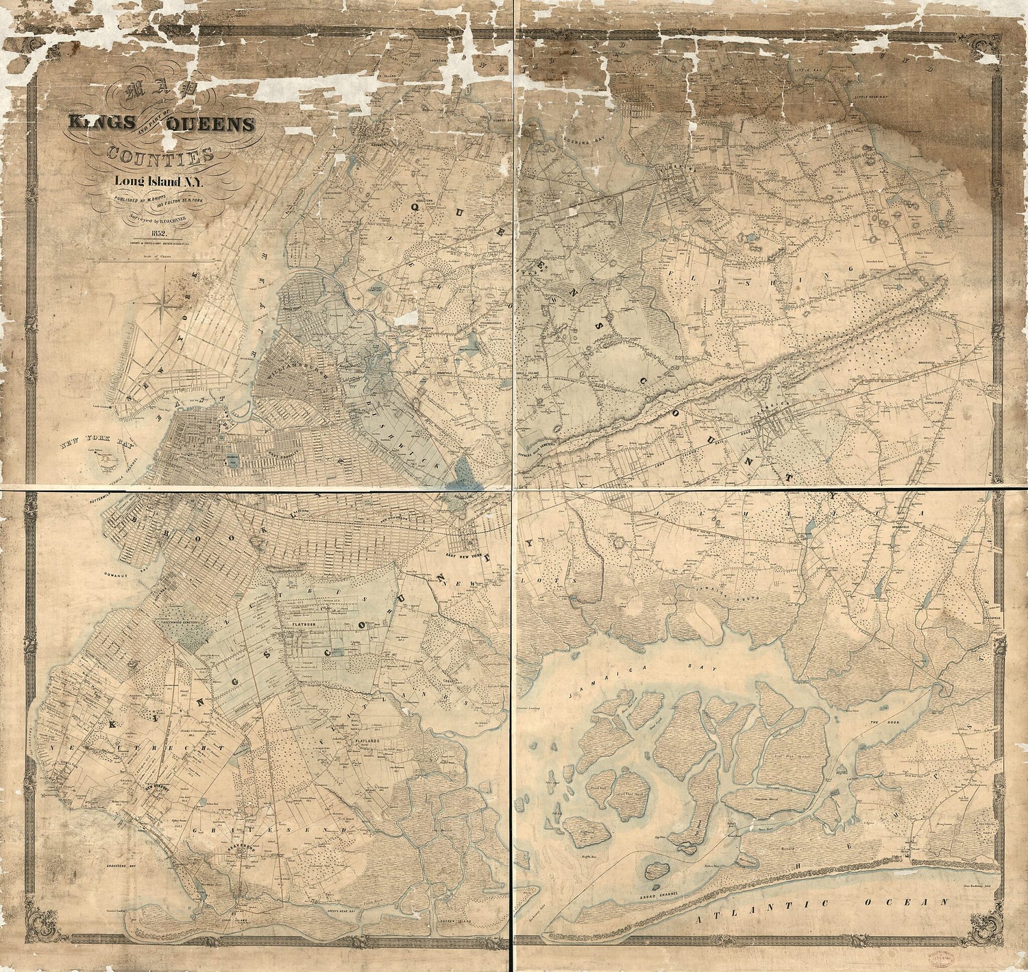 This old map of Map of Kings and Part of Queens Counties, Long Island New York from 1852 was created by R. F. O. Conner, M. (Matthew) Dripps,  Korff Brothers in 1852