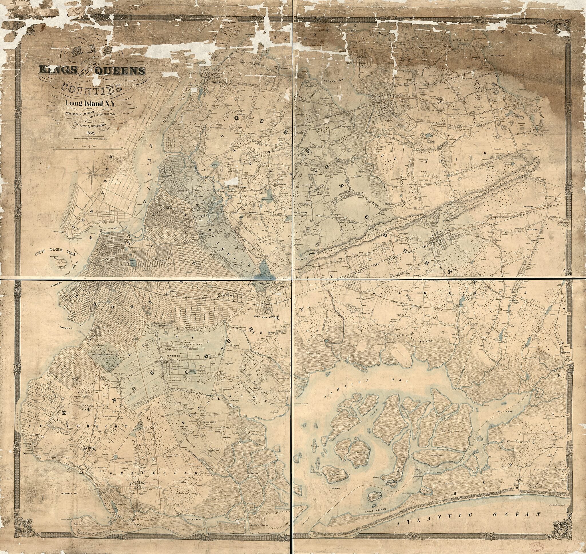 This old map of Map of Kings and Part of Queens Counties, Long Island New York from 1852 was created by R. F. O. Conner, M. (Matthew) Dripps,  Korff Brothers in 1852