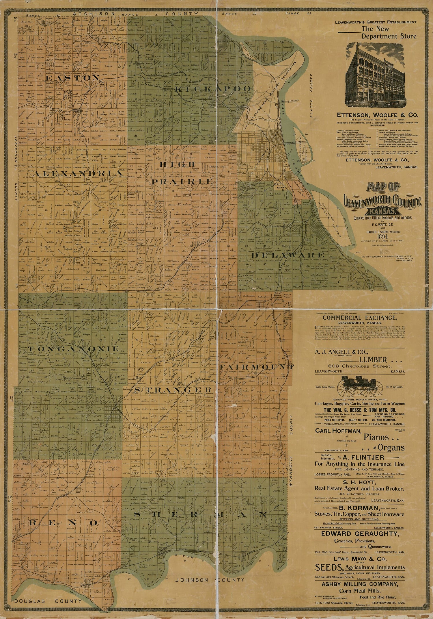 This old map of Map of Leavenwoth County, Kansas from 1894 was created by F. C. Waite in 1894