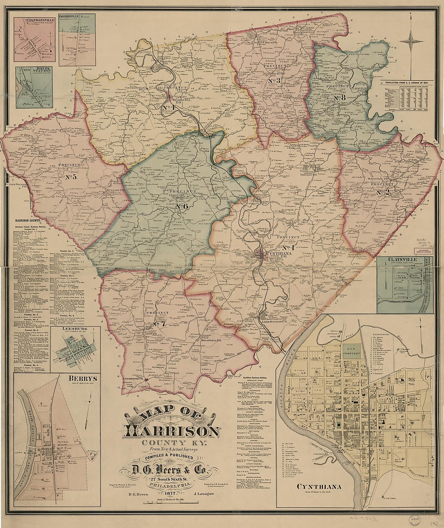 This old map of Map of Harrison County, Ky. : from New &amp; Actual Surveys (Map of Harrison County, Kentucky, Harrison County, Ky) from 1877 was created by D. G. (Daniel G.) Beers,  D.G. Beers &amp; Co,  H.J. Toudy &amp; Co, J. Lanagan,  Worley &amp; Bracher in 1877