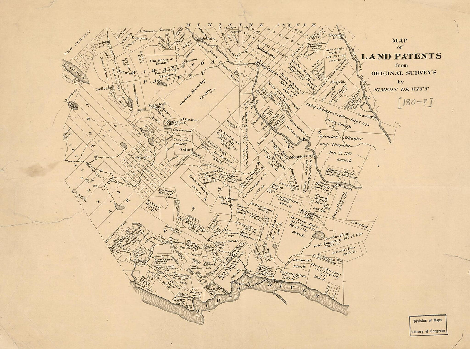 This old map of Map of Land Patents from Original Surveys : Newburgh City Region, New York State from 1805 was created by Simeon De Witt in 1805