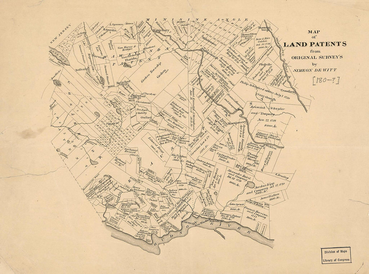 Map of Land Patents from Original Surveys : Newburgh City Region, New York State 1805 by Relic Map Company