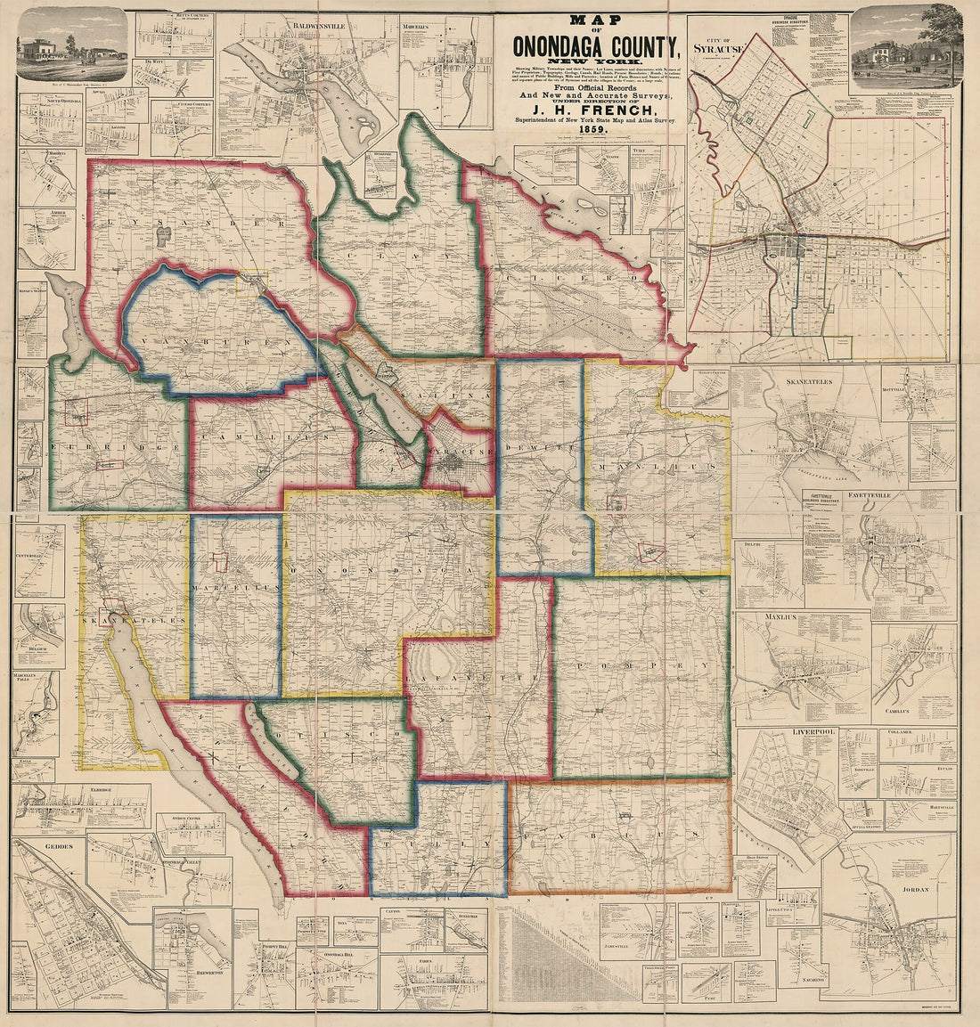 This old map of Map of Onondaga County, New York : Showing Military Townships and Their Names, Lot Lines, Numbers, and Dimensions, With Names of First Proprietors.. Location of Farm Houses and Names of Owners, and Separate Plans of the City of Syracuse a