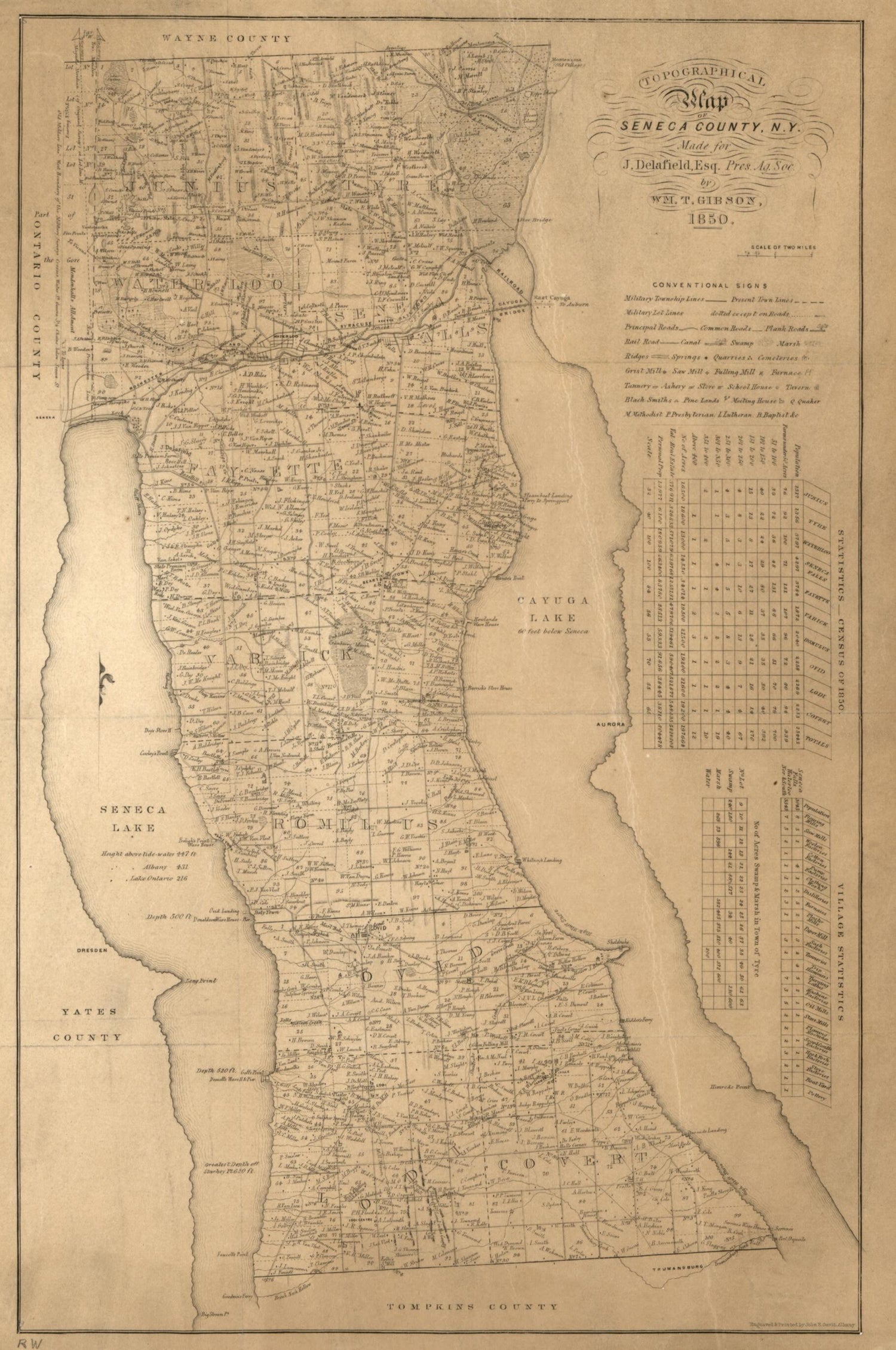 This old map of Topographical Map of Seneca County, New York from 1850 was created by John E. Gavit, Wm. T. (William T.) Gibson,  Seneca County Agricultural Society (N.Y.) in 1850