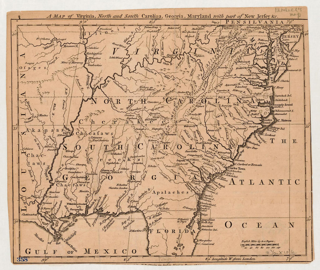 This old map of A Map of Virginia, North and South Carolina, Georgia, Maryland With Part of New Jersey &amp;c from 1755 was created by R. (Robert) Baldwin in 1755