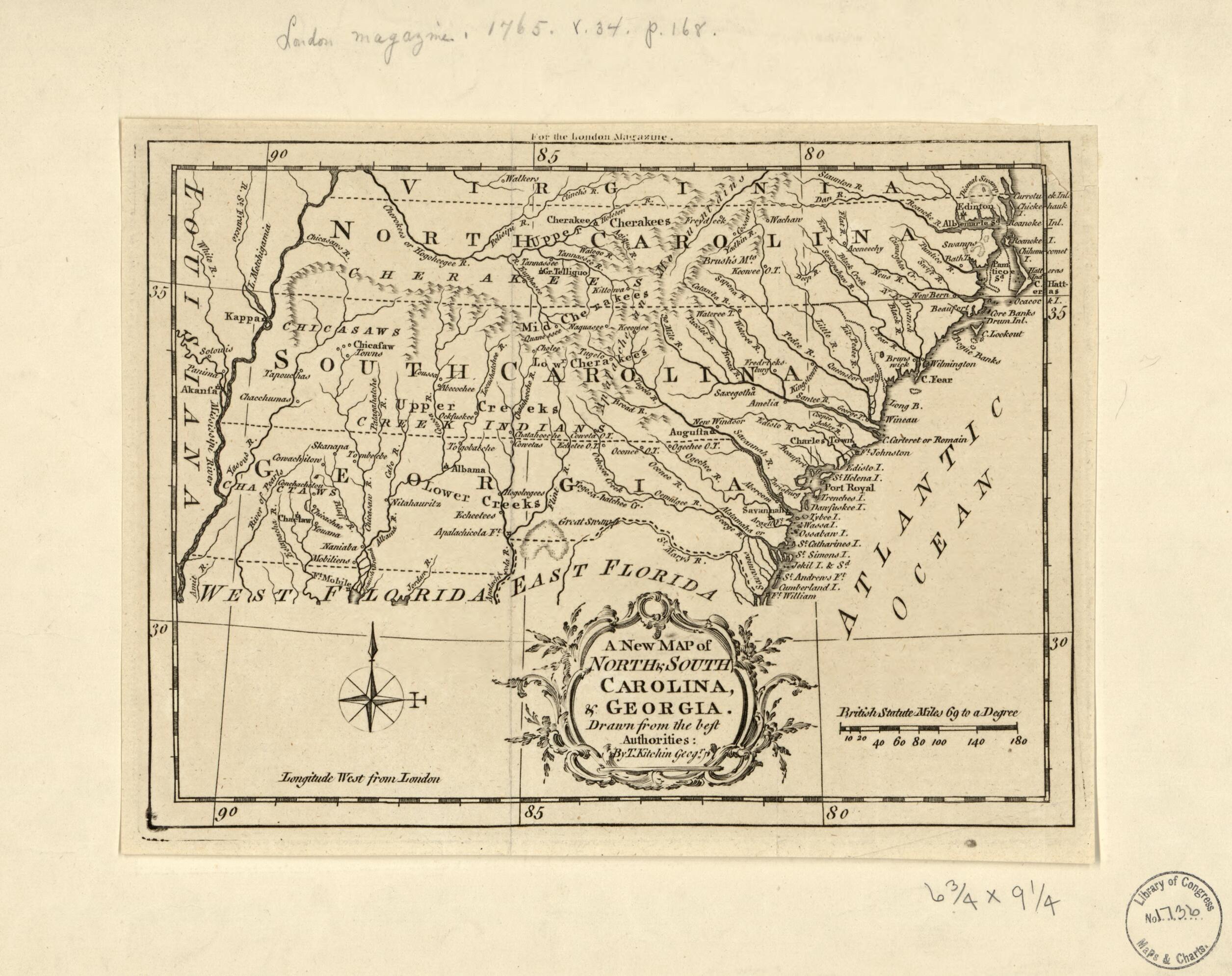 This old map of A New Map of North &amp; South Carolina, &amp; Georgia (A New Map of North and South Carolina, and Georgia, New Map of North and South Carolina, and Georgia) from 1765 was created by Thomas Kitchin in 1765