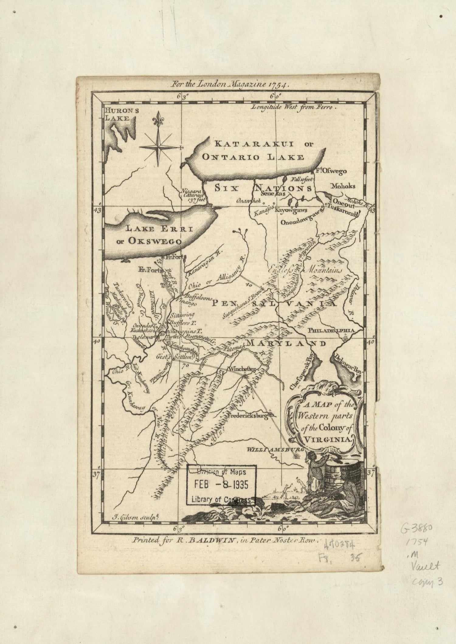 This old map of A Map of the Western Parts of the Colony of Virginia from 1754 was created by R. (Robert) Baldwin, J. (John) Gibson in 1754