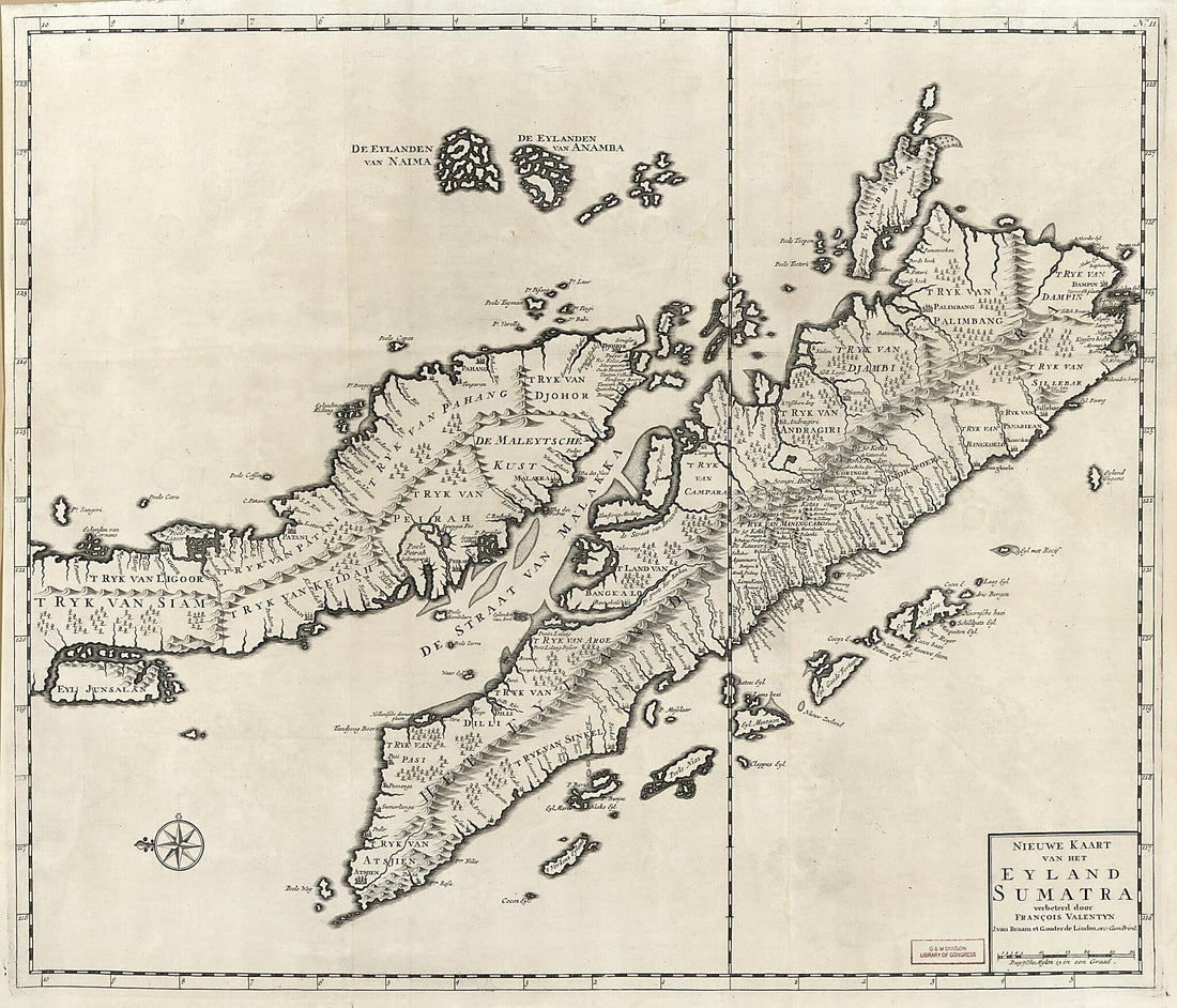 This old map of Nieuwe Kaart Van Het Eyland Sumatra from 1726 was created by J. Van Braam, G. Onder De Linden, François Valentijn in 1726