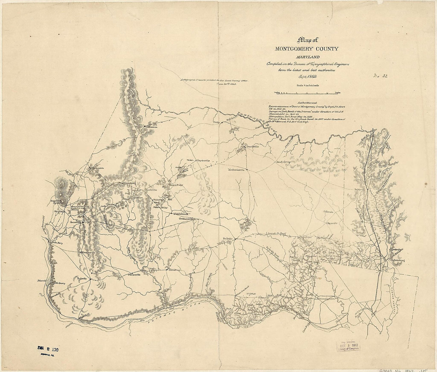 This old map of Map of Montgomery County, Maryland from 1862 was created by  United States Coast Survey,  United States. Bureau of Topographical Engineers in 1862
