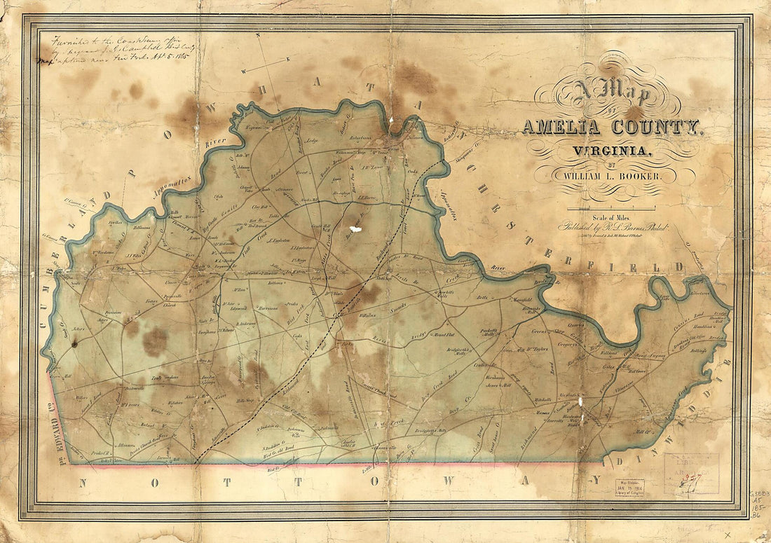 This old map of A Map of Amelia County, Virginia (Amelia County, Virginia) from 1850 was created by William L. Booker in 1850