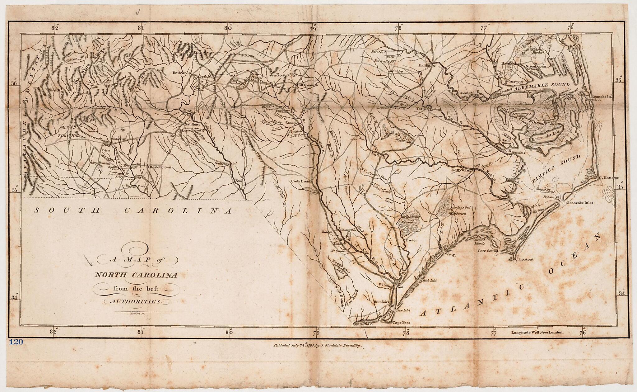 This old map of A Map of North Carolina : from the Best Authorities from 1794 was created by William Harrison, Jedidiah Morse, John Stockdale in 1794