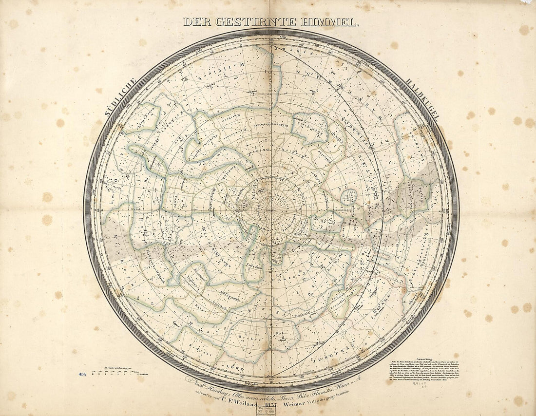 This old map of Der Gestirnte Himmel : Südliche Halbkugel (Südliche Halbkugel) from 1837 was created by Thuringia Geographisches Institut (Weimar, C. F. (Carl Ferdinand) Weiland in 1837