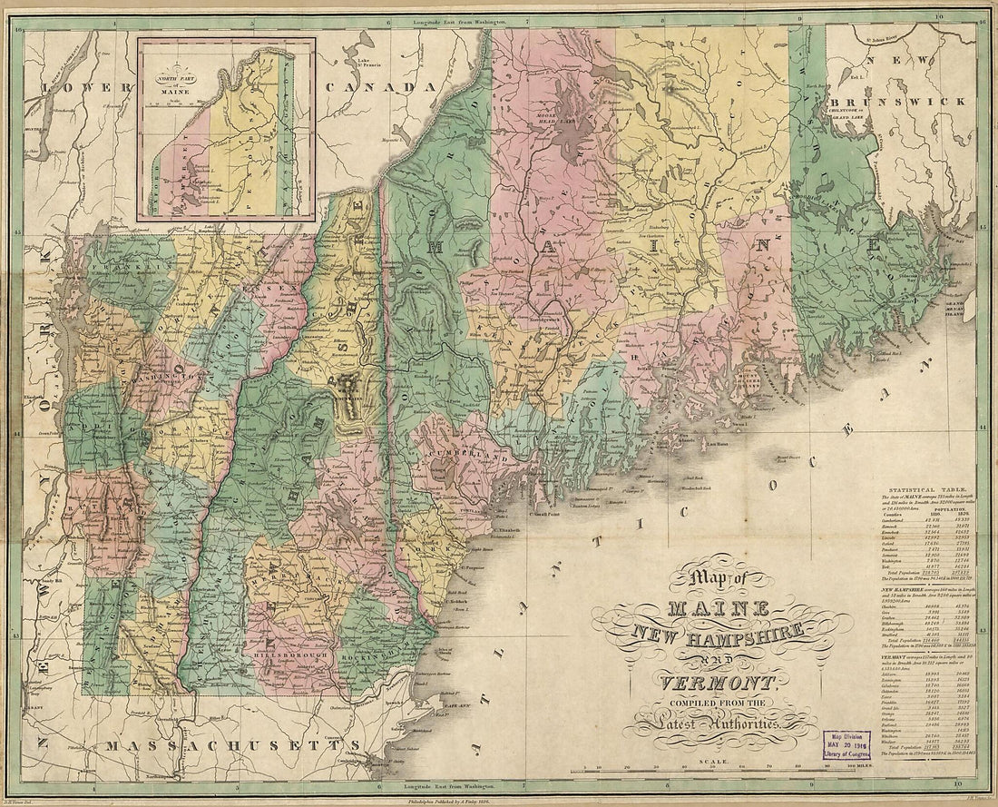 This old map of Map of Maine, New Hampshire and Vermont : Compiled from the Latest Authorities from 1826 was created by Millard Fillmore, A. (Anthony) Finley, D. H. (David H.) Vance, J. H. (James Hamilton) Young in 1826