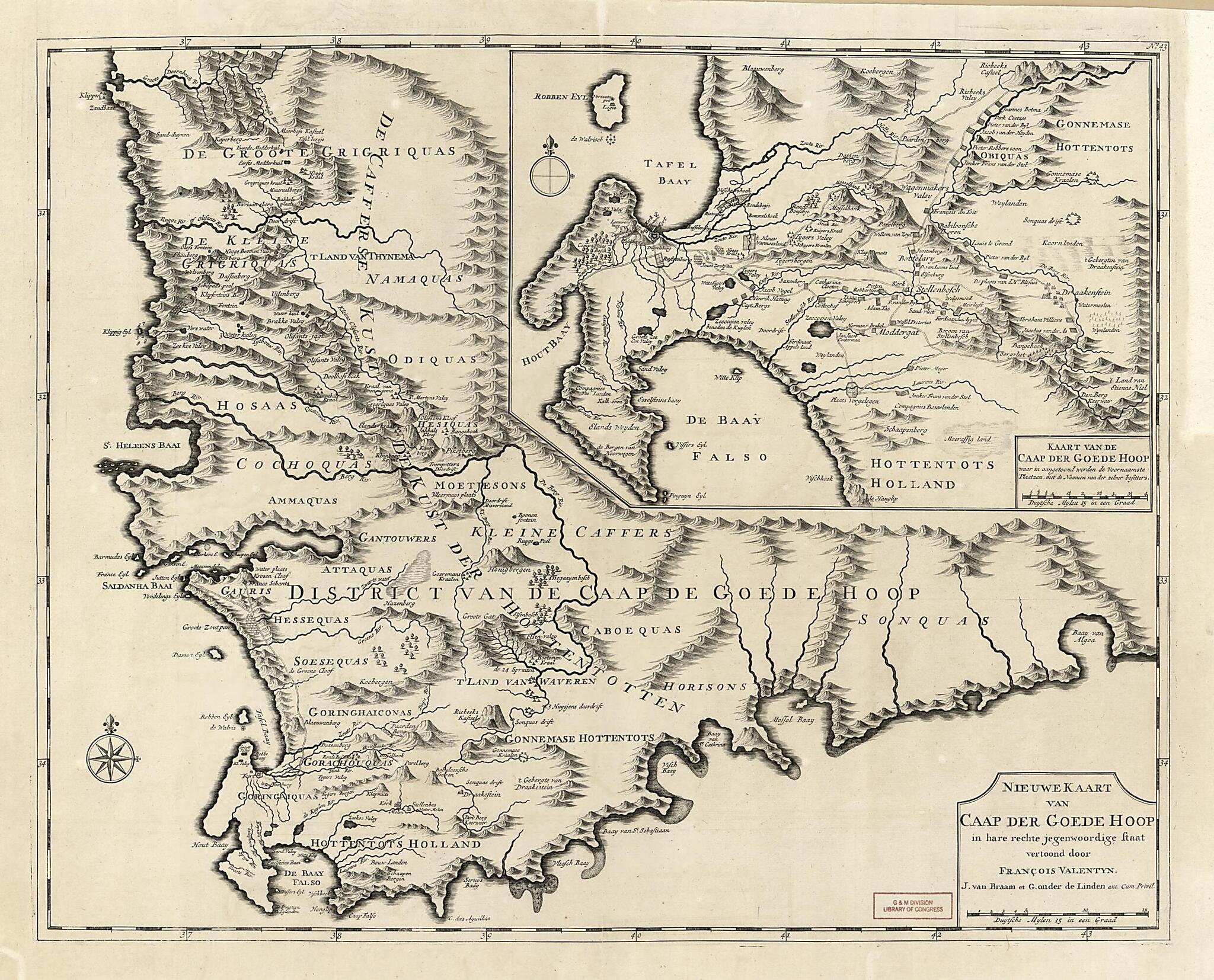 This old map of Nieuwe Kaart Van Caap Der Goede Hoop : In Hare Rechte Jegenwoordige Staat from 1726 was created by J. Van Braam, G. Onder De Linden, François Valentijn in 1726