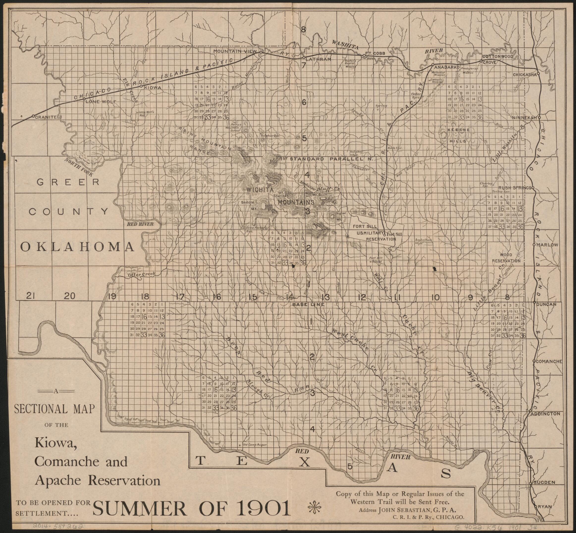 This old map of A Sectional Map of the Kiowa, Comanche, and Apache Reservation : to Be Opened for Settlement.. Summer of from 1901 was created by John Sebastian in 1901