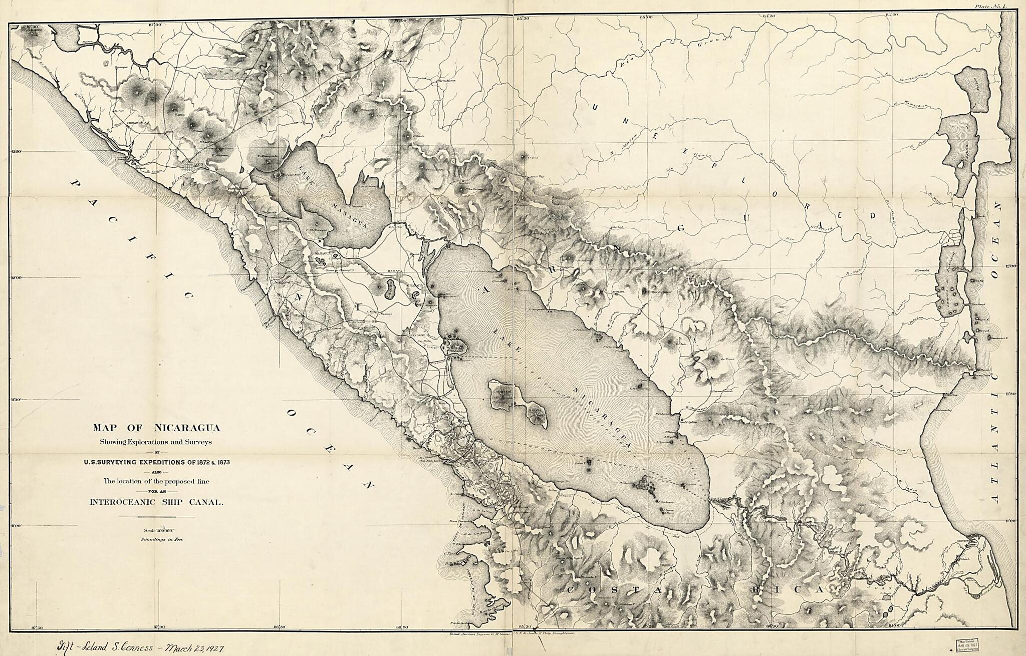 This old map of Map of Nicaragua : Showing Explorations and Surveys : Also the Location of the Proposed Line for an Interoceanic Ship Canal from 1872 was created by J. B. (James B.) Philp in 1872