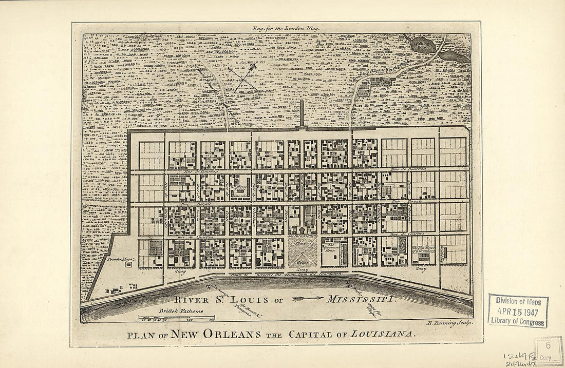 This old map of Plan of New Orleans the Capital of Louisiana from 1761 was created by R Benning in 1761
