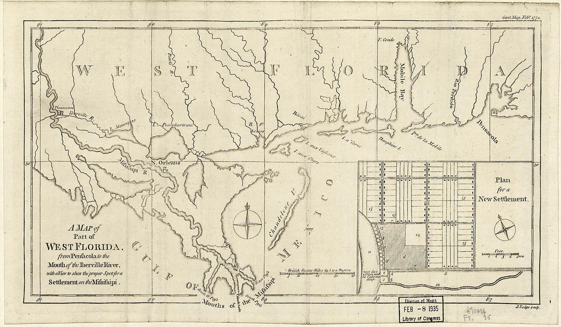 This old map of A Map of Part of West Florida : from Penfacola to the Mouth of the Iberville River, With a View to Shew the Proper Spot for a Settlement On the Mifsifsipi (Map of Part of West Florida : from Pensacola to the Mouth of the Iberville River, 