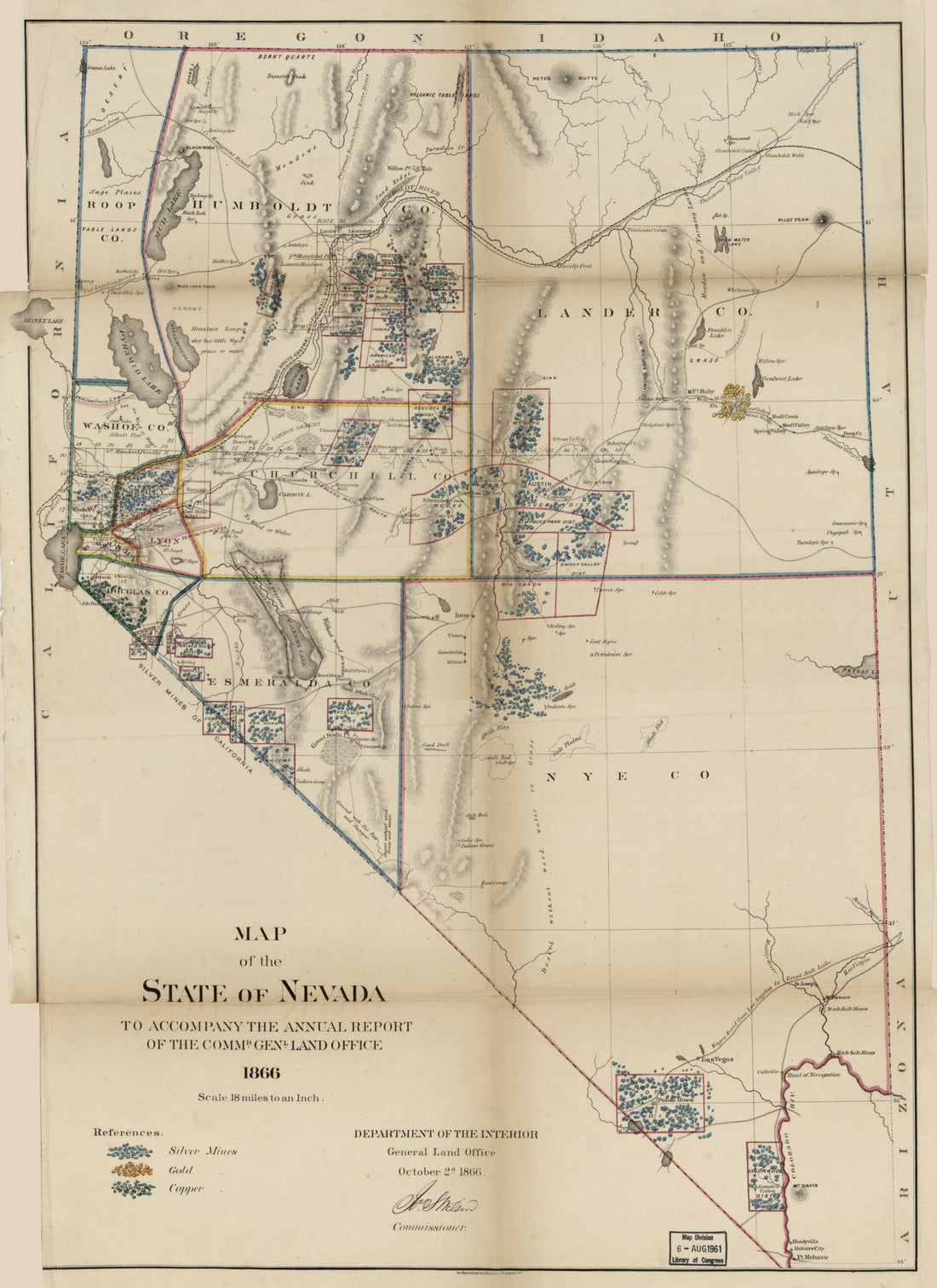 This old map of Map of the State of Nevada : to Accompany the Annual Report of the Commr. Genl. Land Office from 1866 was created by Manufacturing &amp; Lithographic Co Major &amp; Knapp Engraving,  United States. General Land Office in 1866