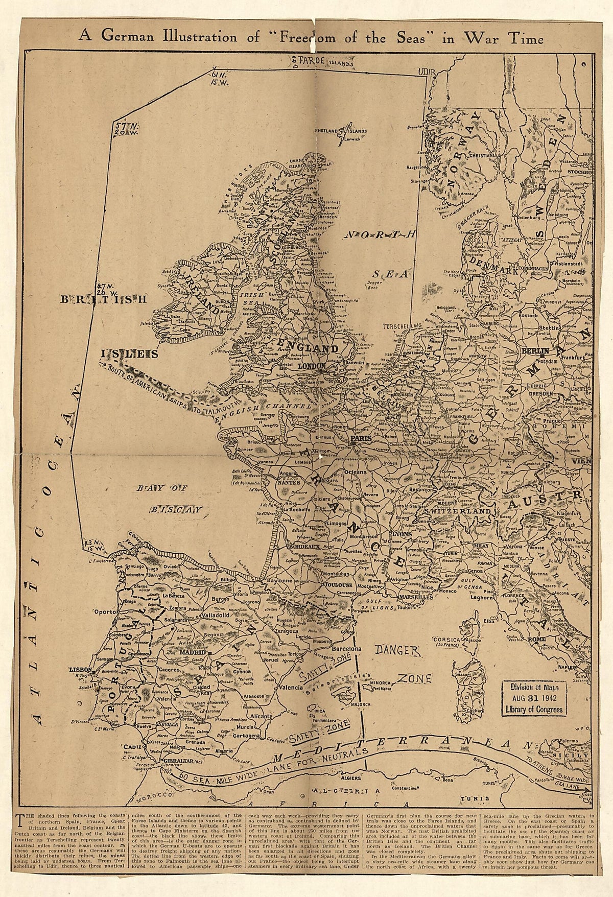 A German Illustration of freedom of the Seas In War Time : Western Europe and Western Mediterranean Sea 1915 by Relic Map Company