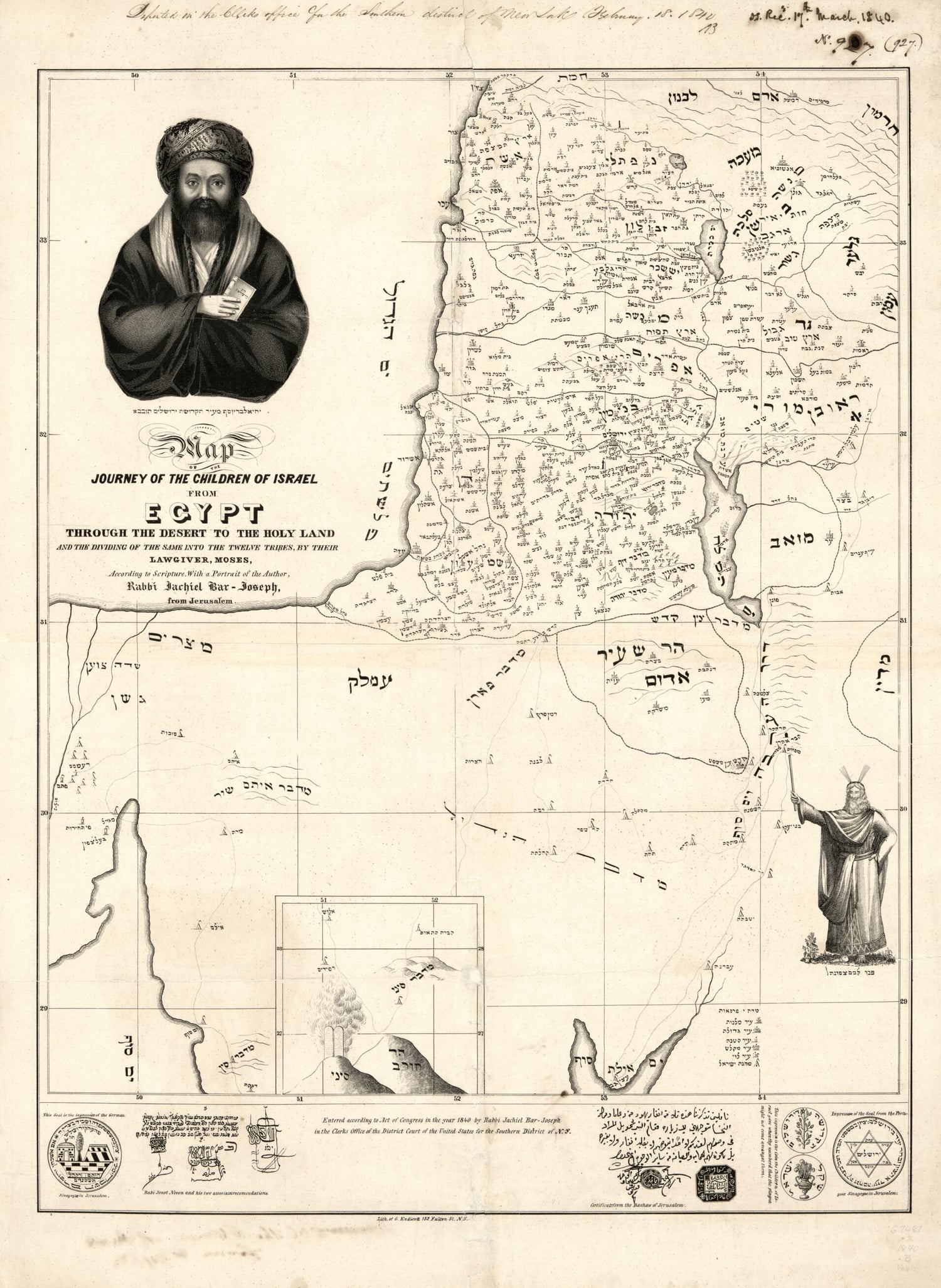 This old map of Map of the Journey of the Children of Israel from Egypt Through the Desert to the Holy Land and the Dividing of the Same Into the Twelve Tribes, by Their Lawgiver, Moses, According to Scripture, With a Portrait of the Author (Journey of t