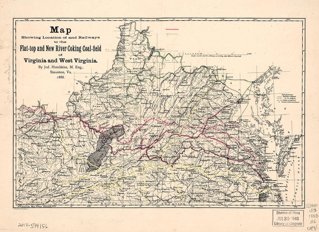 This old map of Top and New River Coking Coalfield of Virginia and West Virginia (top and New River Coking Coal-field of Virginia and Wast Virginia) from 1888 was created by  A. Hoen &amp; Co, Jedediah Hotchkiss in 1888