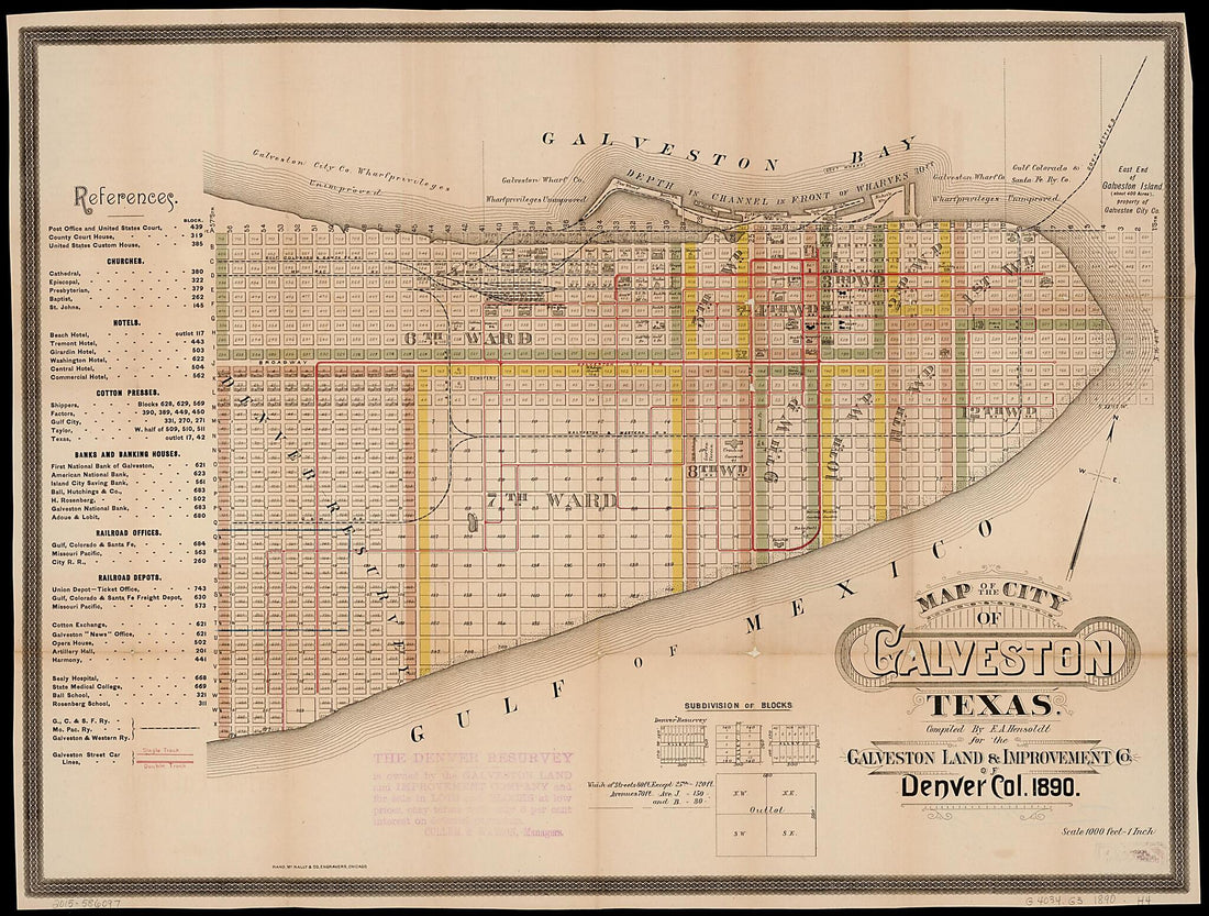 This old map of Map of the City of Galveston Texas from 1890 was created by E. A. Hensoldt,  Rand McNally and Company in 1890