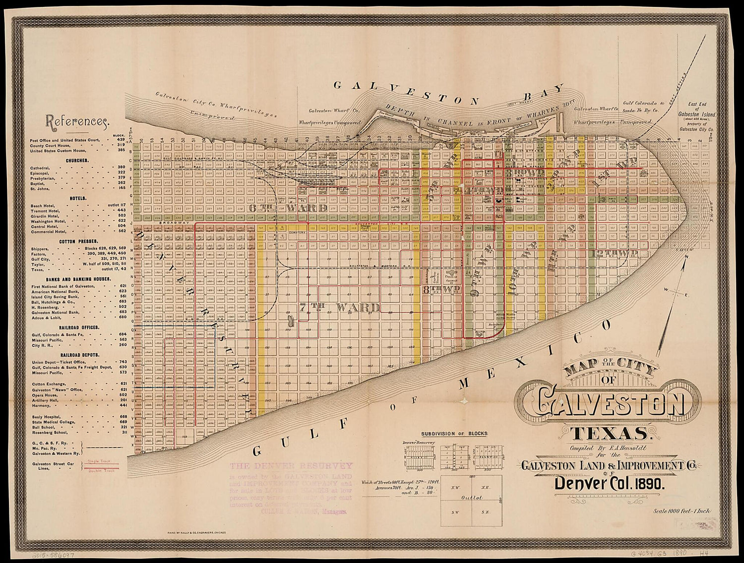 This old map of Map of the City of Galveston Texas from 1890 was created by E. A. Hensoldt,  Rand McNally and Company in 1890