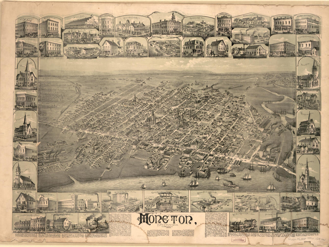 This old map of Moncton, New Brunswick, from 1888 was created by Duncan D. Currie in 1888