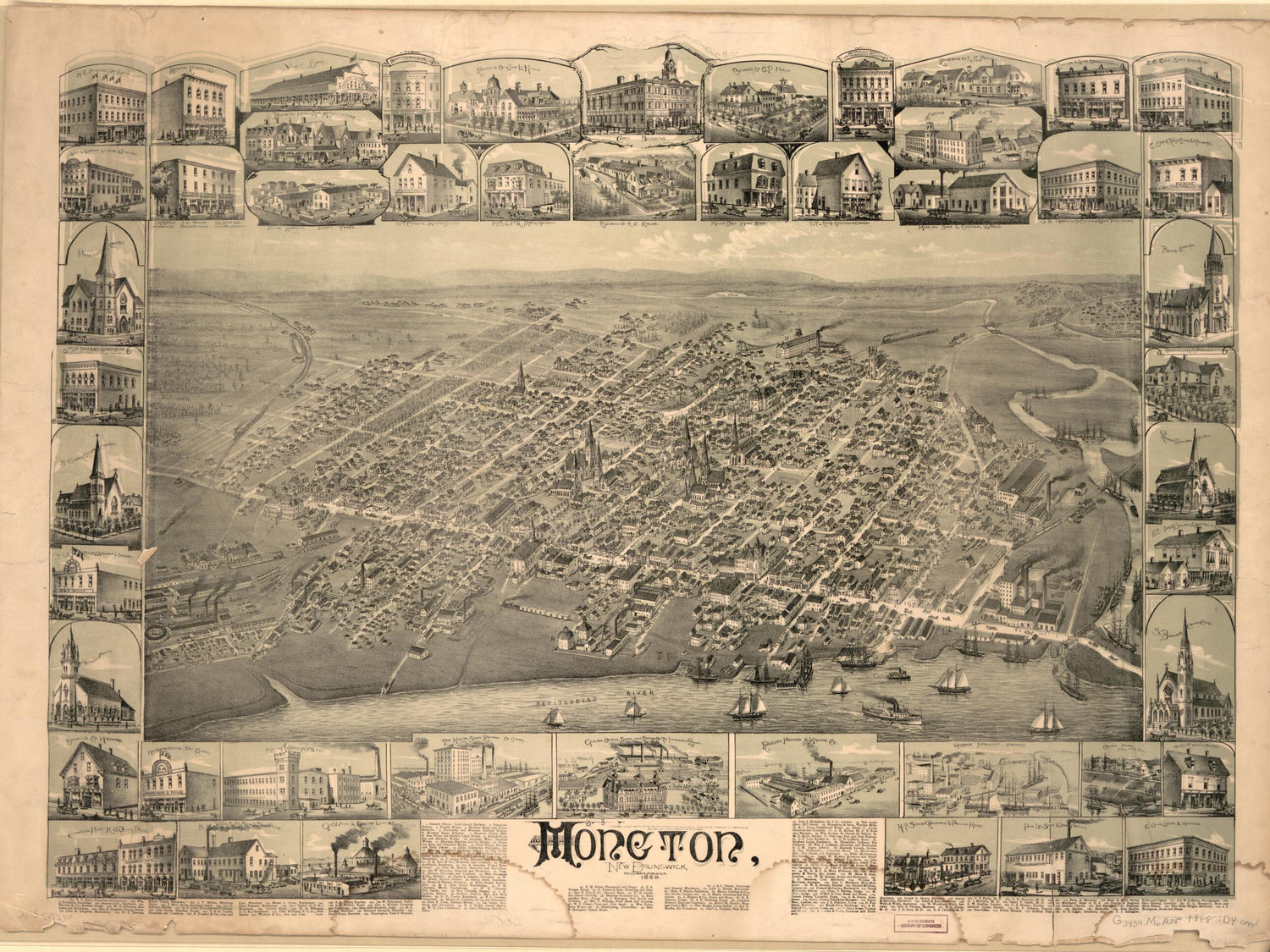 This old map of Moncton, New Brunswick, from 1888 was created by Duncan D. Currie in 1888