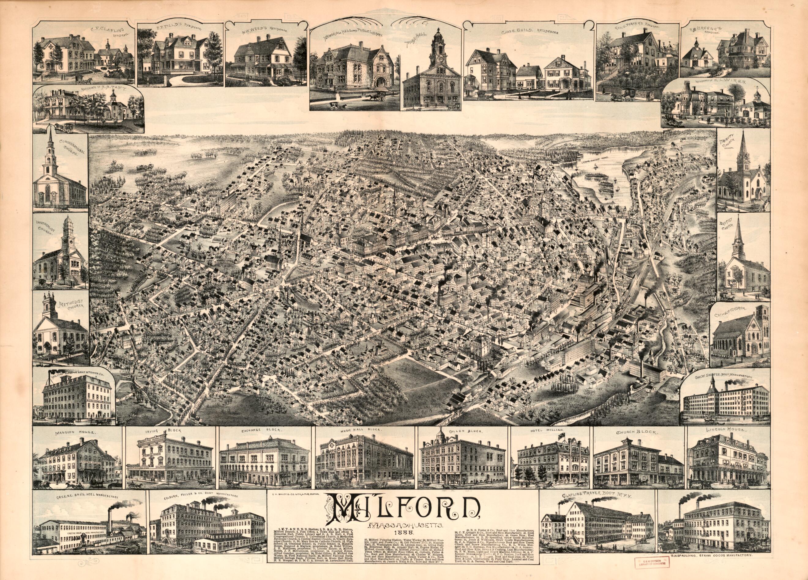 This old map of Milford, Massachusetts, from 1888 was created by  O.H. Bailey &amp; Co in 1888