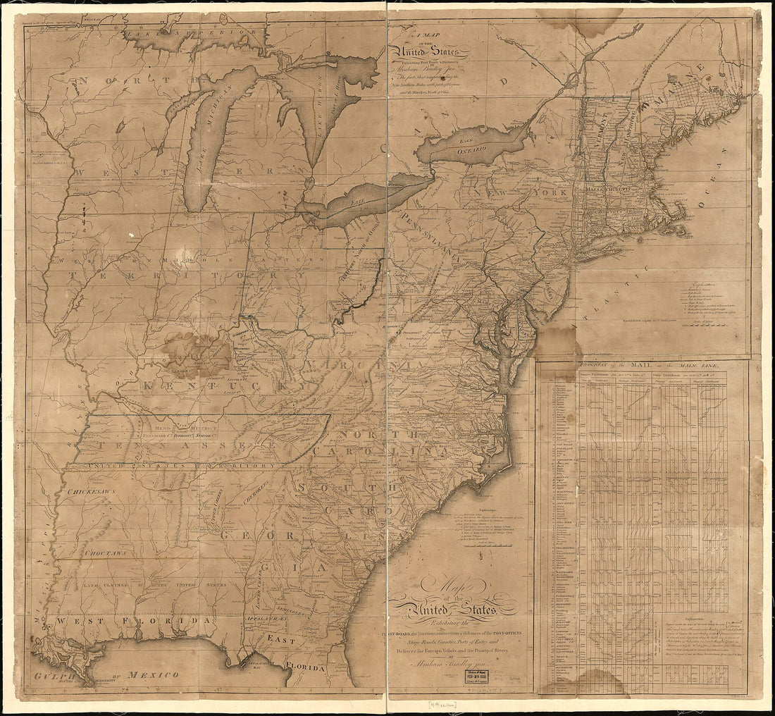 This old map of Roads, the Situations, Connections &amp; Distances of the Post-offices, Stage Roads, Counties, Ports of Entry and Delivery for Foreign Vessels, and the Principal Rivers (Map of the United States, Exhibiting Post Roads &amp; Distances) from 1796 w