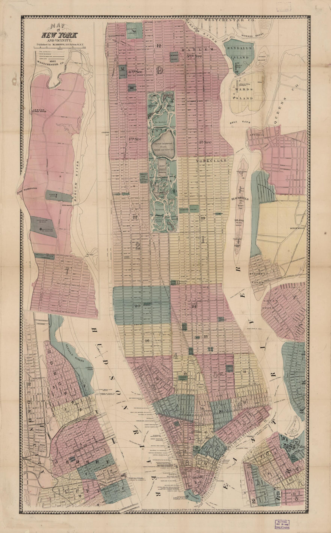 This old map of Map of New York and Vicinity from 1867 was created by M. (Matthew) Dripps in 1867