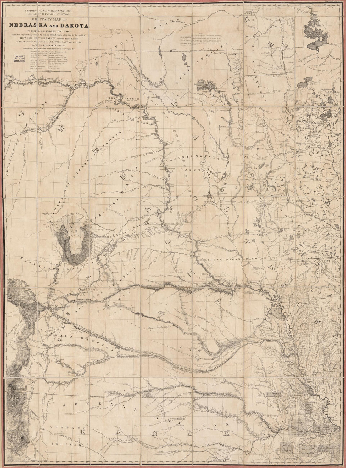 This old map of Military Map of Nebraska and Dakota from 1857 was created by William Clark, Meriwether Lewis,  United States. Office of Explorations and Surveys, G. K. (Gouverneur Kemble) Warren in 1857