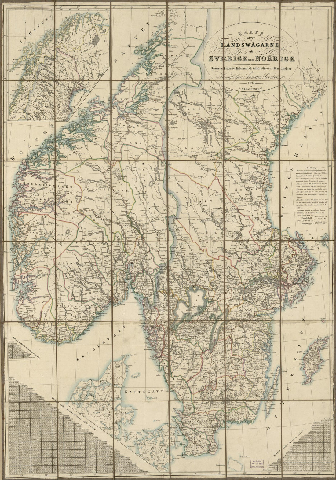 This old map of Karta öfver Landswägarne Uti Sverige Och Norige from 1843 was created by L. W. (Lorens Wilhelm) Brandenburg, Millard Fillmore,  Sweden. Kongl. Gen. Landtm. Contoret in 1843
