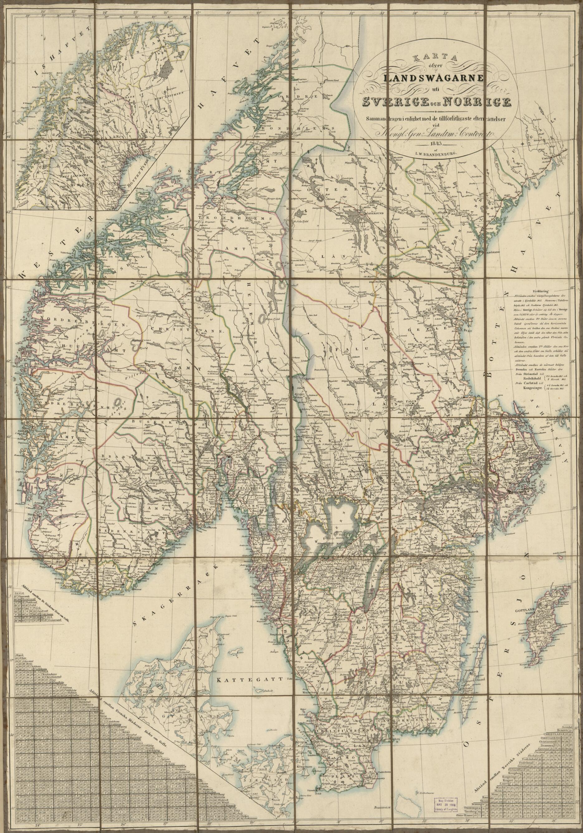 This old map of Karta öfver Landswägarne Uti Sverige Och Norige from 1843 was created by L. W. (Lorens Wilhelm) Brandenburg, Millard Fillmore,  Sweden. Kongl. Gen. Landtm. Contoret in 1843
