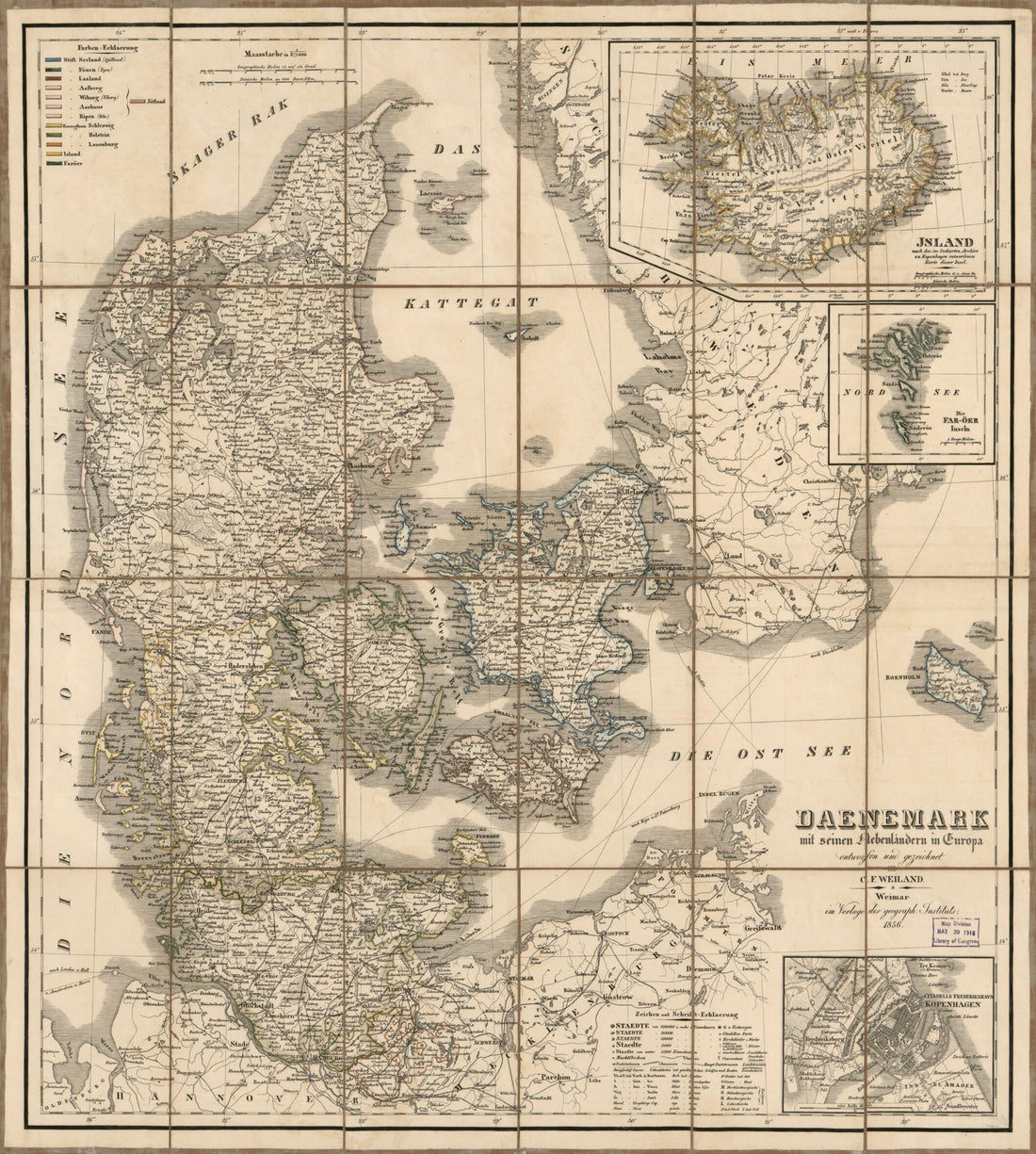 This old map of Daenmark Mit Seinen Nebenländern In Europa (Denmark) from 1856 was created by Millard Fillmore, Thuringia Geographisches Institut (Weimar, C. F. (Carl Ferdinand) Weiland in 1856