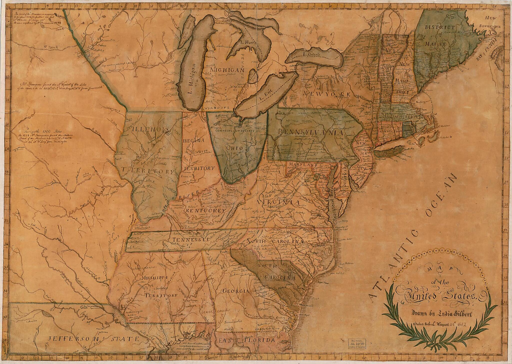 This old map of Map of the United States from 1845 was created by Lydia Gilbert in 1845