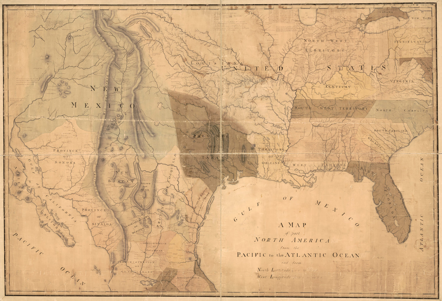 This old map of A Map of Part North America from the Pacific to the Atlantic Ocean and from North Lattitutude 19°0ʺ0ʹ to 43°0ʺ0ʹ, West Longitude 70°0ʺ0ʹ to 113°0ʺ0ʹ (Map of North America) from 1811 was created by John Hills in 1811