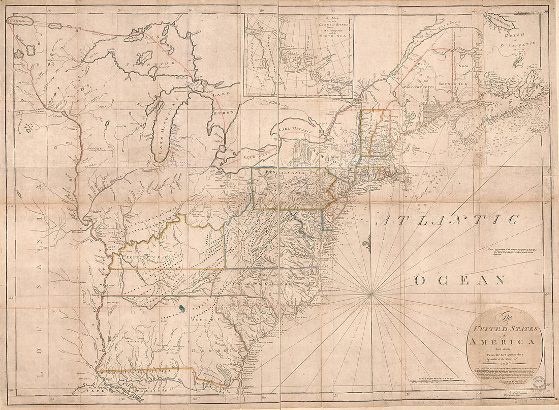 This old map of The United States of America, Laid Down from the Best Authorities, Agreeable to the Peace of 1783 from 1791 was created by Osgood Carleton in 1791