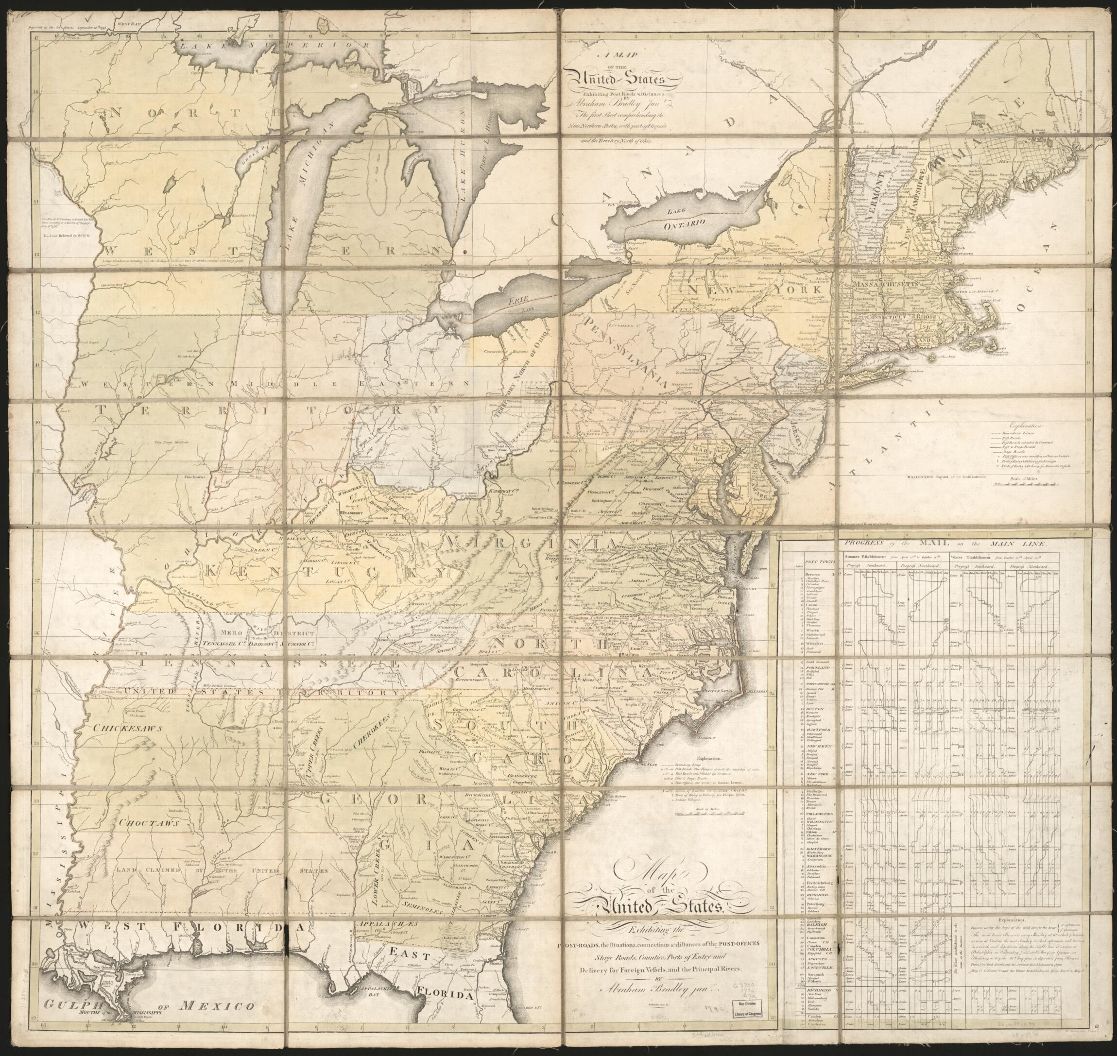 This old map of Roads, the Situations, Connections &amp; Distances of the Post-offices, Stage Roads, Counties, Ports of Entry and Delivery for Foreign Vessels, and the Principal Rivers (Map of the United States, Exhibiting Post Roads &amp; Distances) from 1796 w