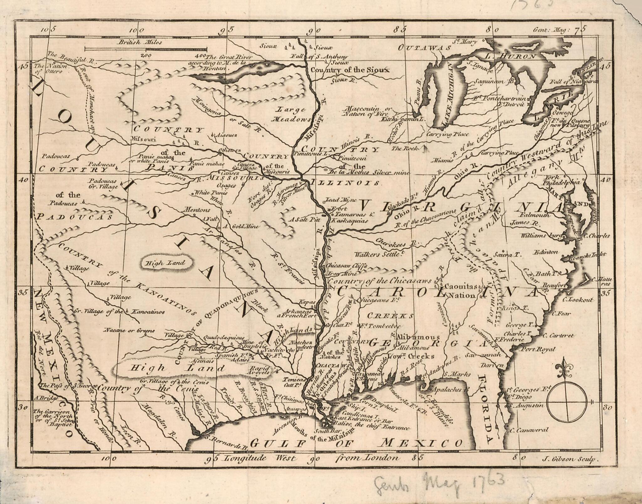 This old map of Colonial America from 1763 was created by J. (John) Gibson in 1763