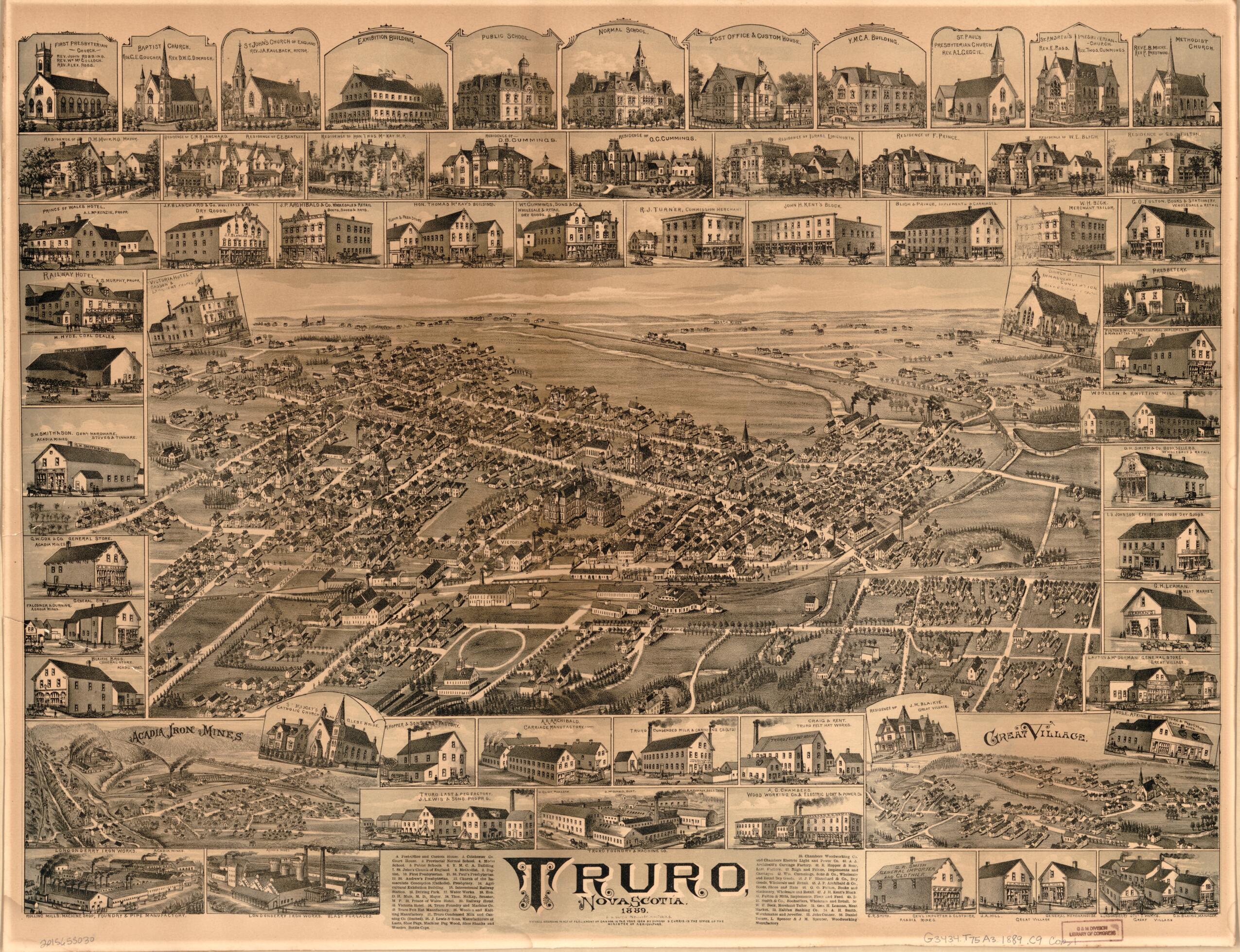 This old map of Truro, Nova Scotia, from 1889 was created by Duncan D. Currie in 1889